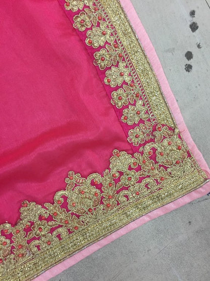 Pink vichitra silk embroidered designer wedding saree