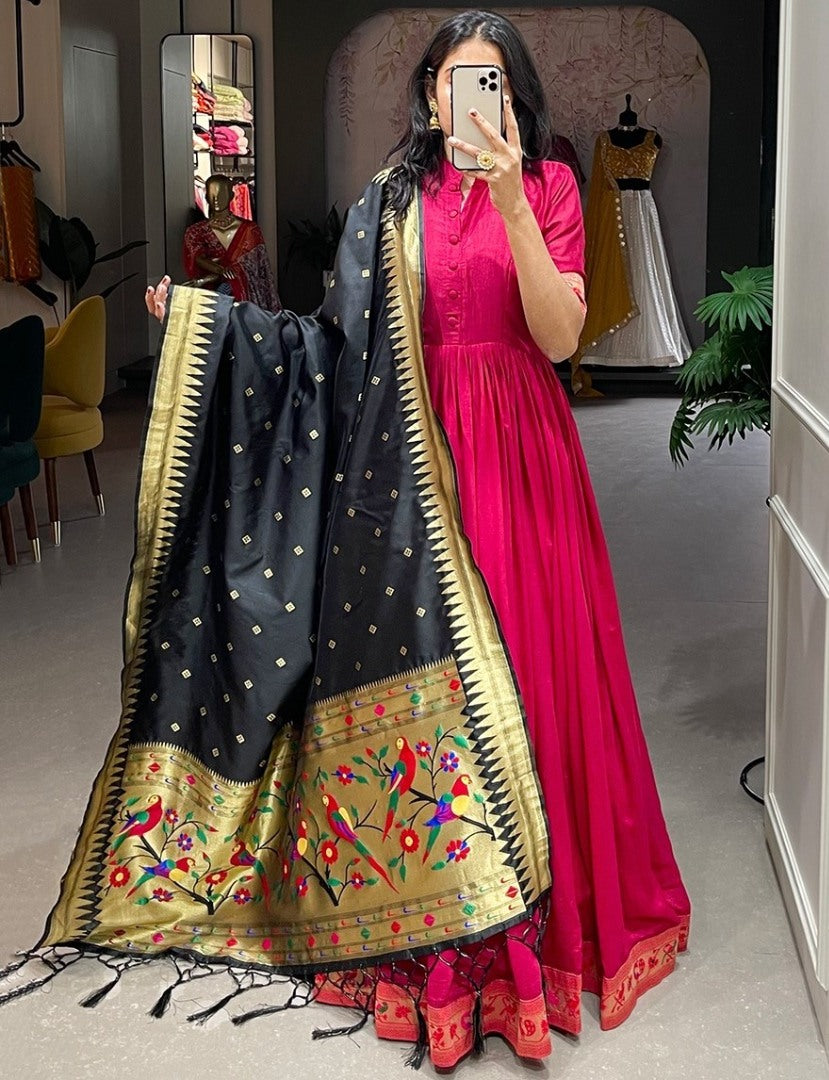 Pink vichitra silk jacquard weaving work gown with paithni dupatta