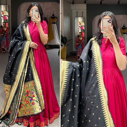 Pink vichitra silk jacquard weaving work gown with paithni dupatta