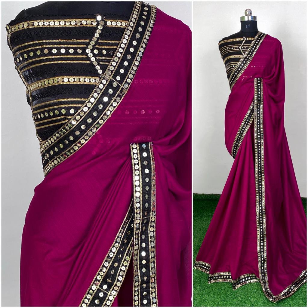 Pink vichitra silk sequence work partywear saree