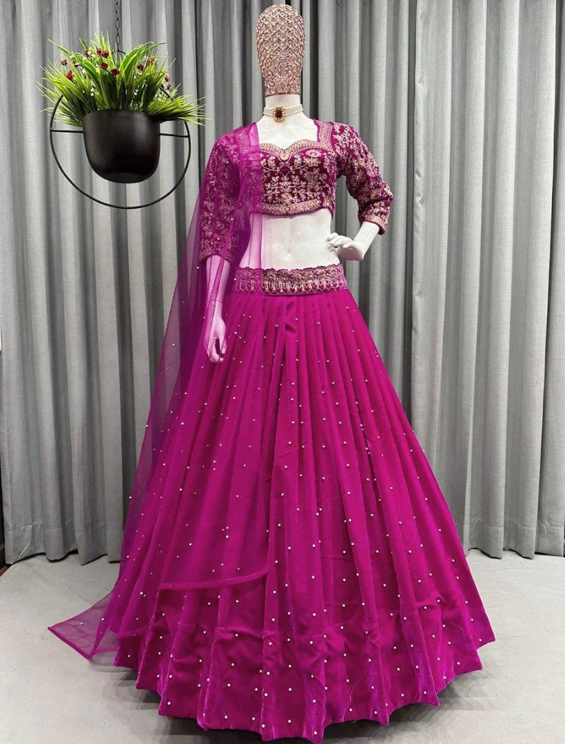 Pink viscos velvet embroidery work wedding lehenga choli