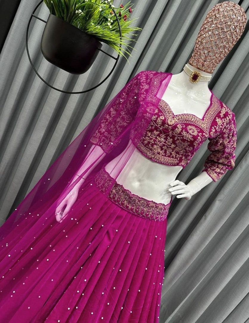 Pink viscos velvet embroidery work wedding lehenga choli