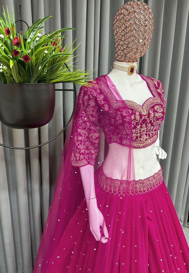 Pink viscos velvet embroidery work wedding lehenga choli
