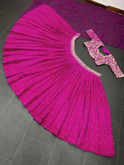 Pink viscos velvet embroidery work wedding lehenga choli