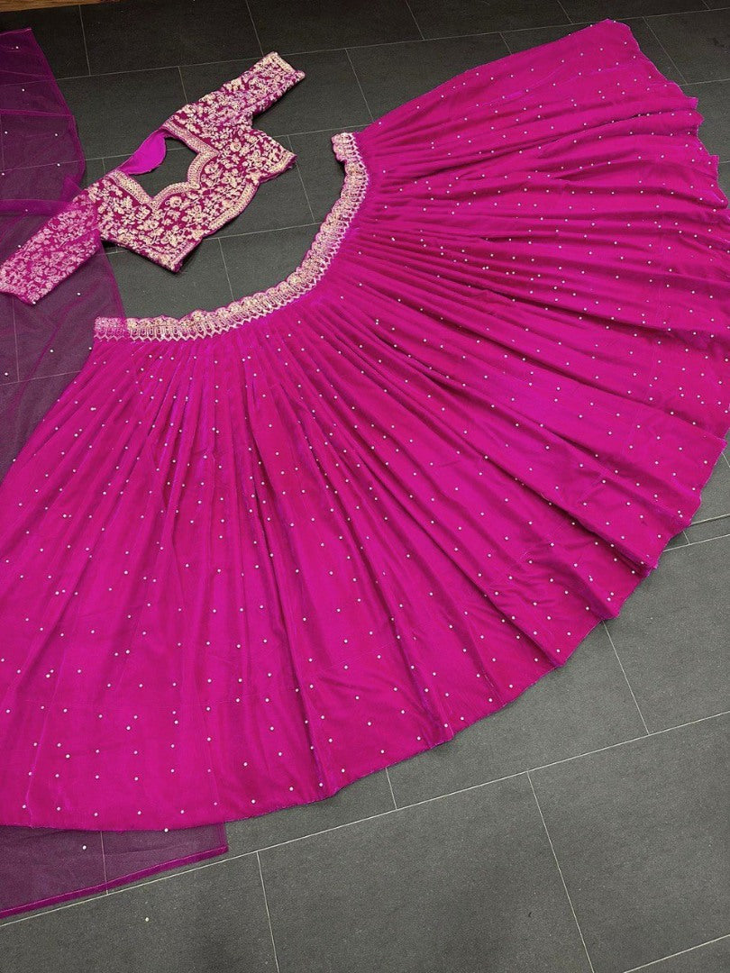 Pink viscos velvet embroidery work wedding lehenga choli