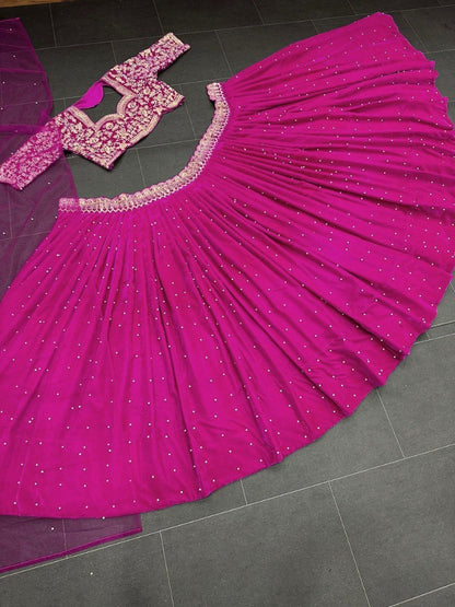Pink viscos velvet embroidery work wedding lehenga choli