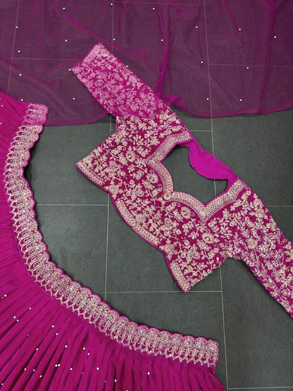 Pink viscos velvet embroidery work wedding lehenga choli