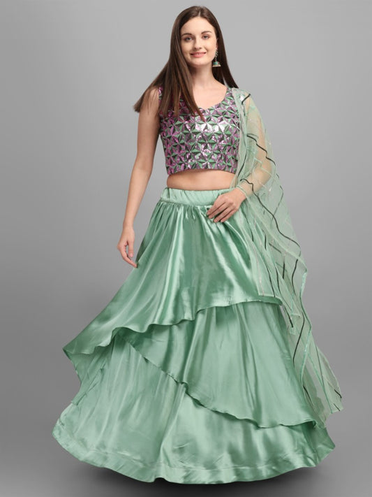 Pista green american satin party wear lehenga choli