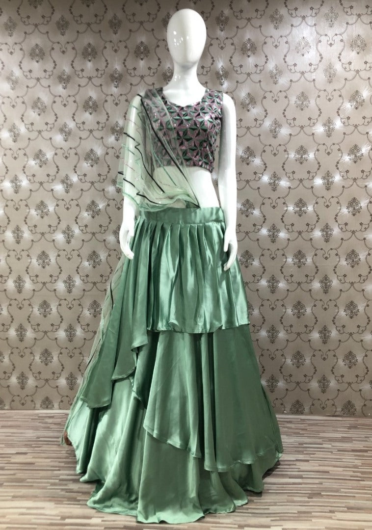 Pista green american satin party wear lehenga choli
