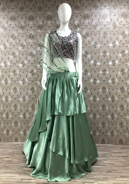 Pista green american satin party wear lehenga choli