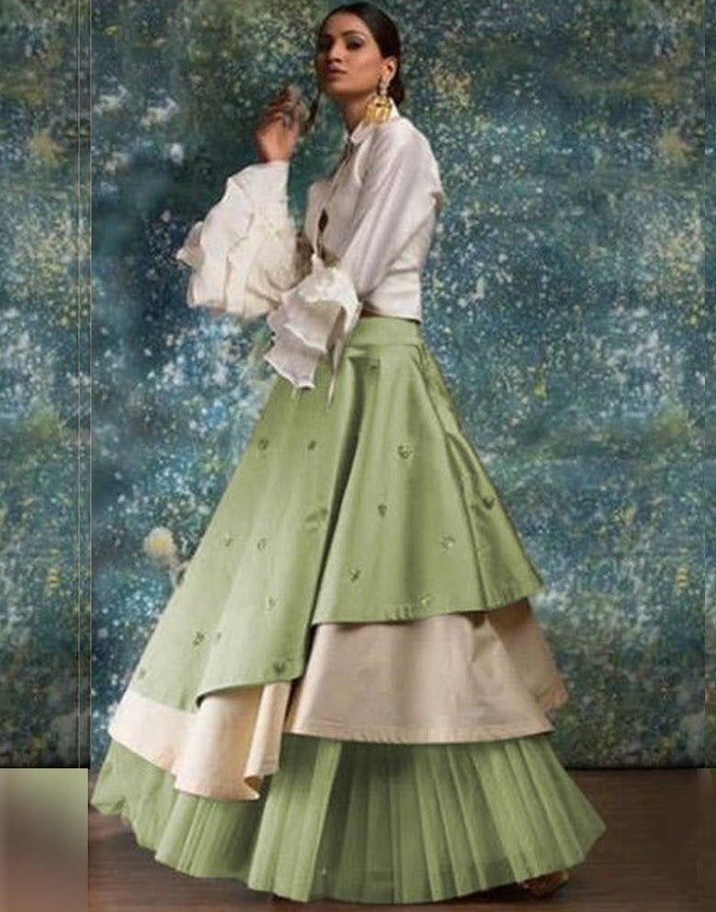 pista green and white indowestern lehenga