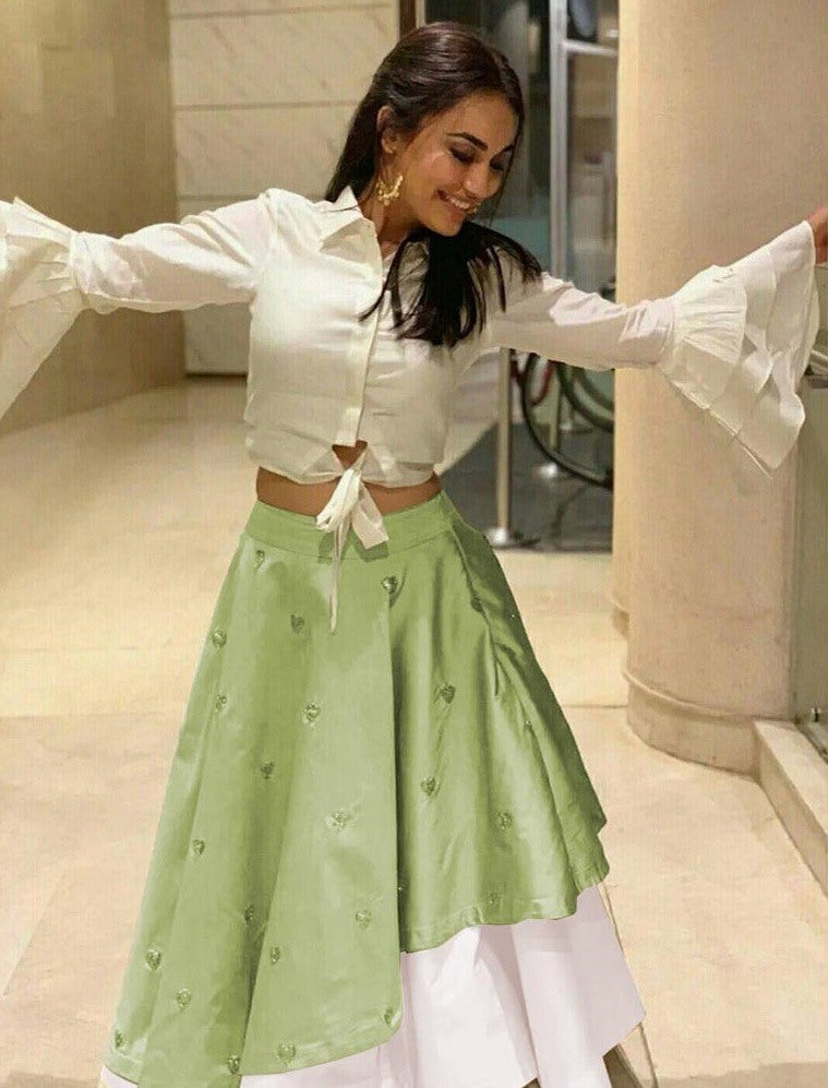 pista green and white indowestern lehenga