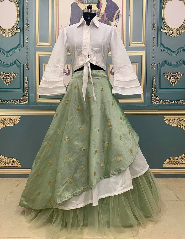 pista green and white indowestern lehenga