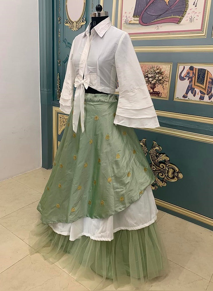 pista green and white indowestern lehenga