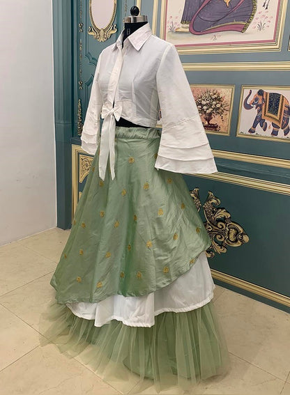 pista green and white indowestern lehenga