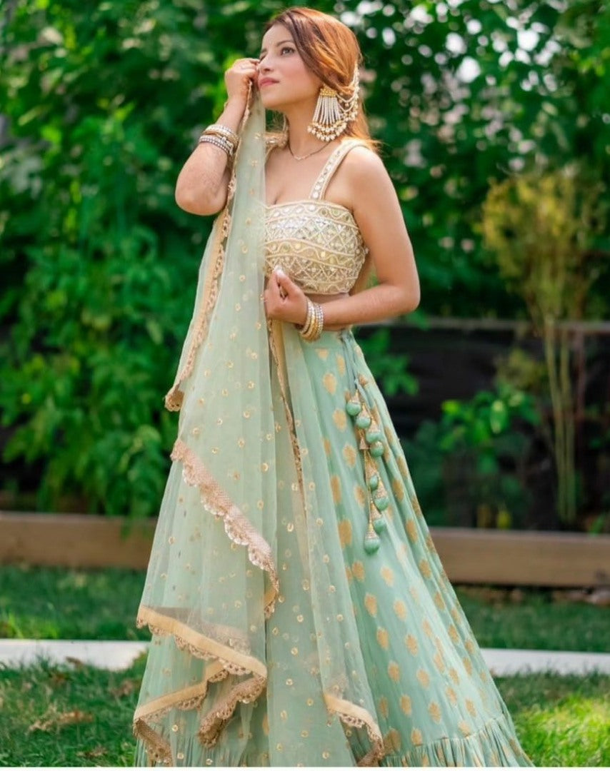 Pista green banarasi jacquard wedding lehenga choli