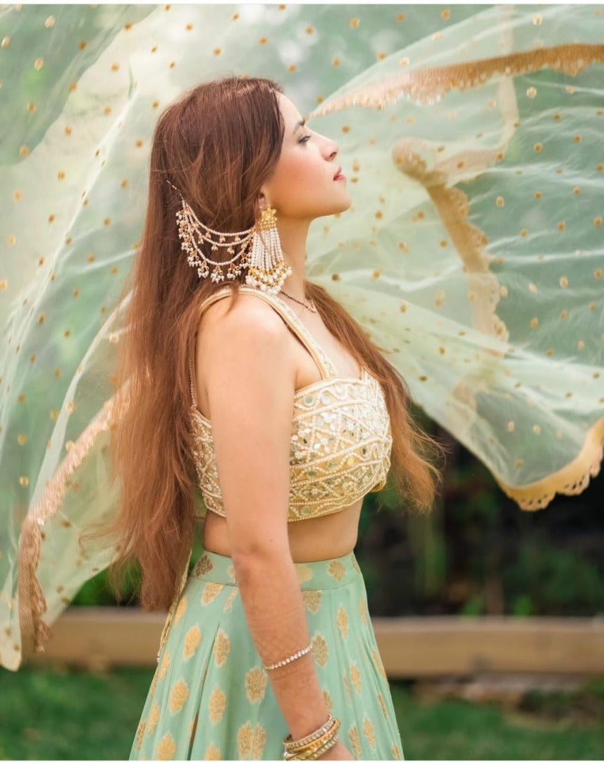 Pista green banarasi jacquard wedding lehenga choli