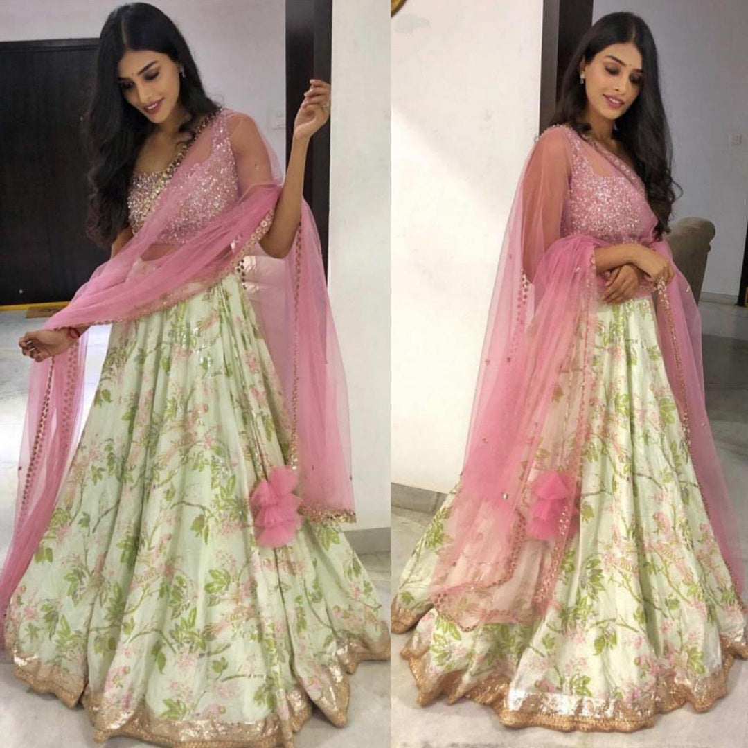 pista green banarasi satin printed ceremonial lehenga choli