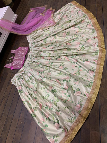 pista green banarasi satin printed ceremonial lehenga choli