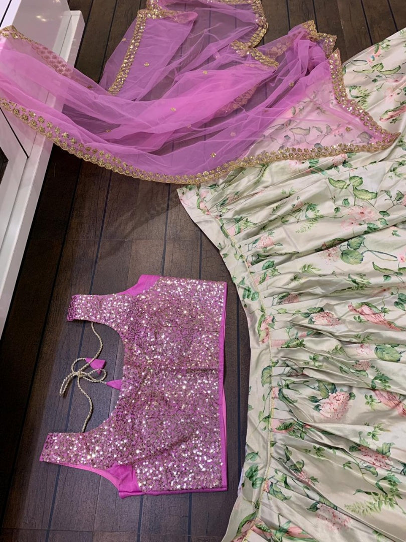 pista green banarasi satin printed ceremonial lehenga choli