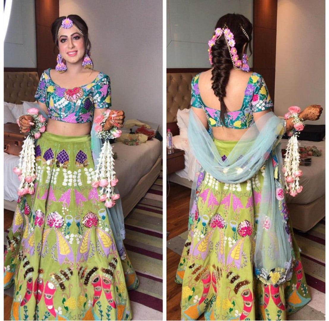 Pista green banglory silk fancy printed wedding lehenga choli