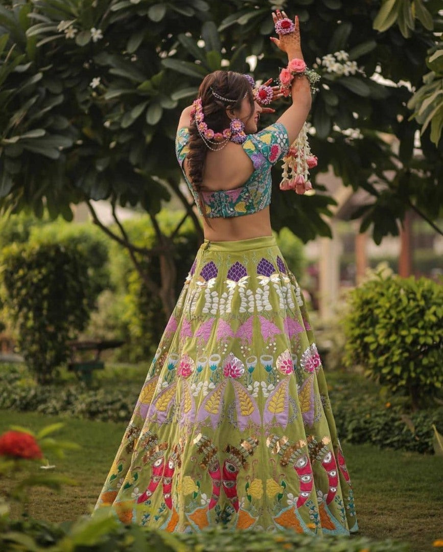 Pista green banglory silk fancy printed wedding lehenga choli