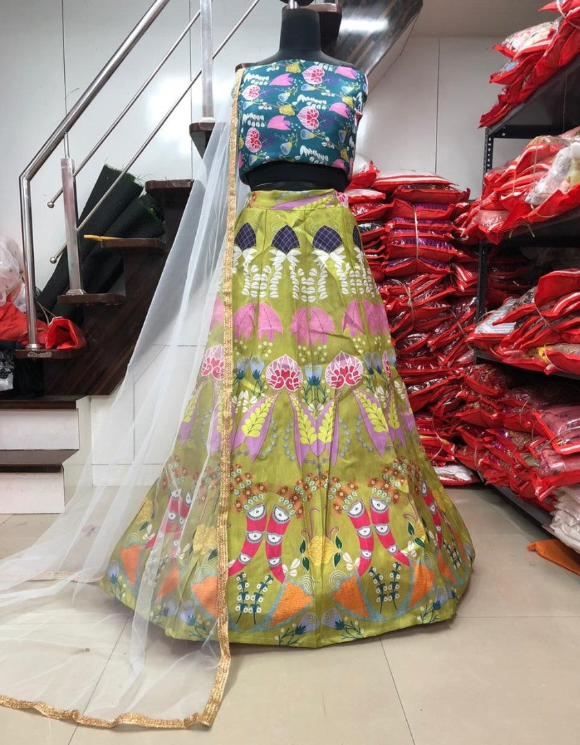 Pista green banglory silk fancy printed wedding lehenga choli