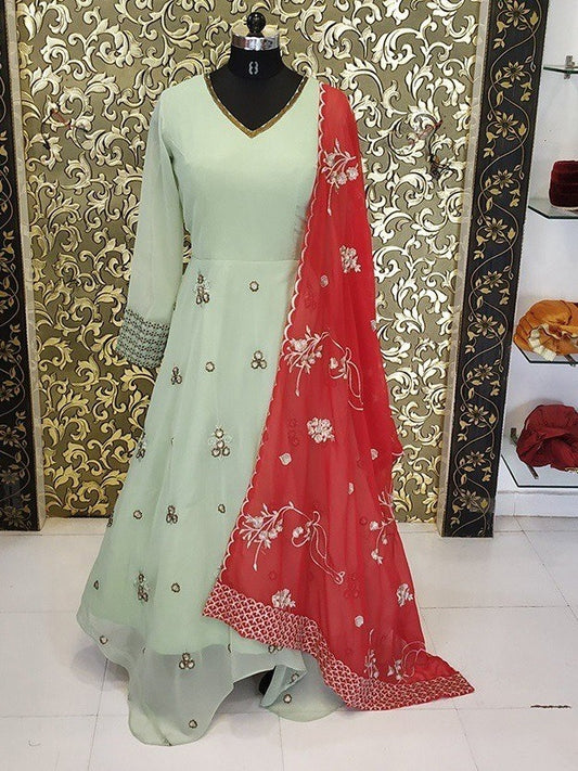 Pista green beautiful anarkali suit with read dupatta