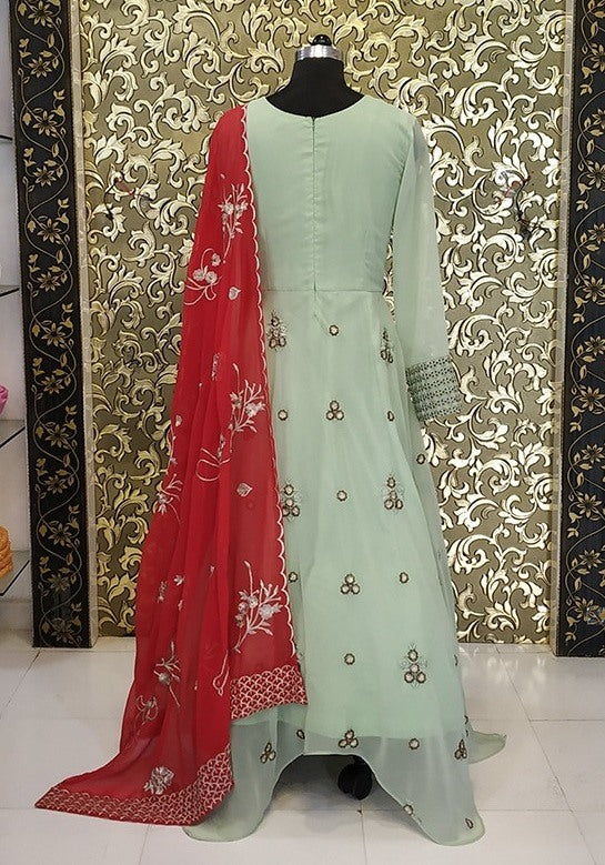 Pista green beautiful anarkali suit with read dupatta