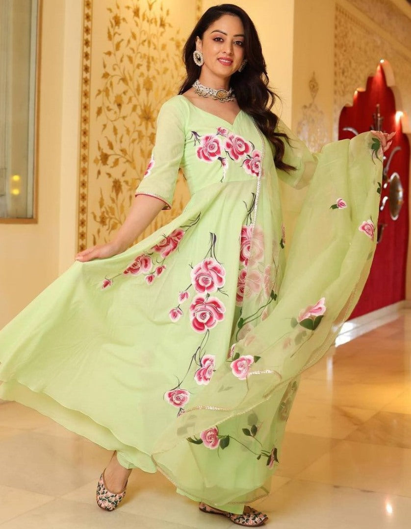 Pista green butter silk floral printed ethnic gown