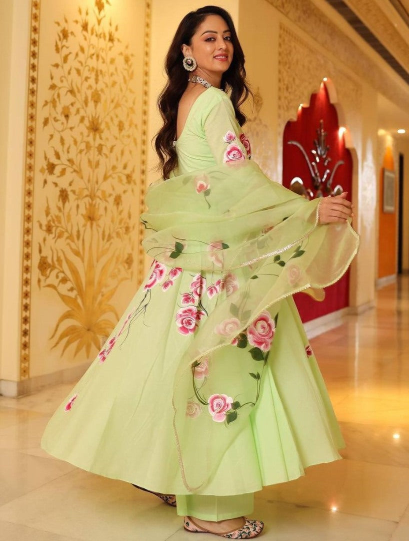 Pista green butter silk floral printed ethnic gown