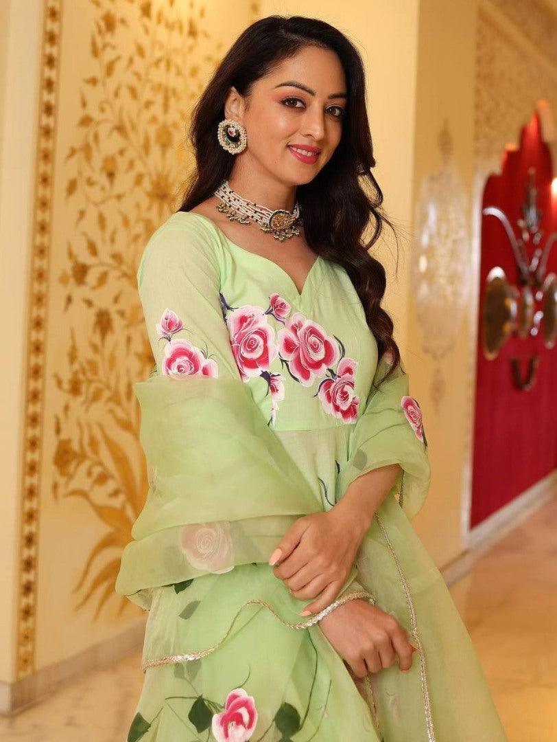 Pista green butter silk floral printed ethnic gown