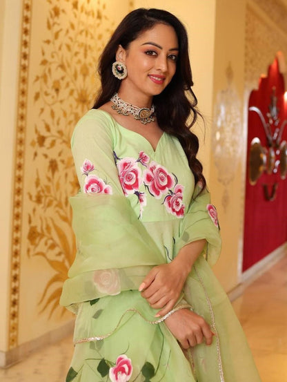 Pista green butter silk floral printed ethnic gown