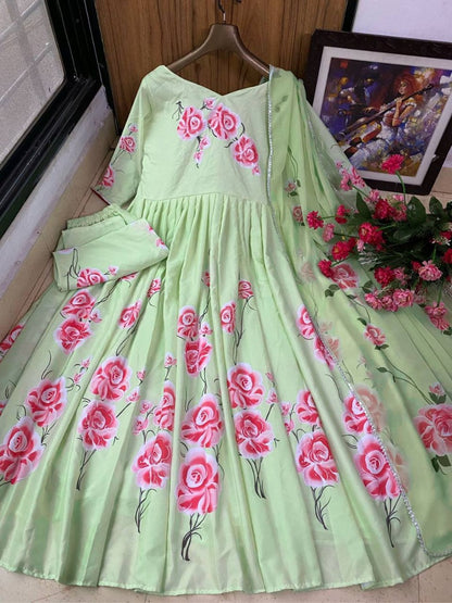 Pista green butter silk floral printed ethnic gown