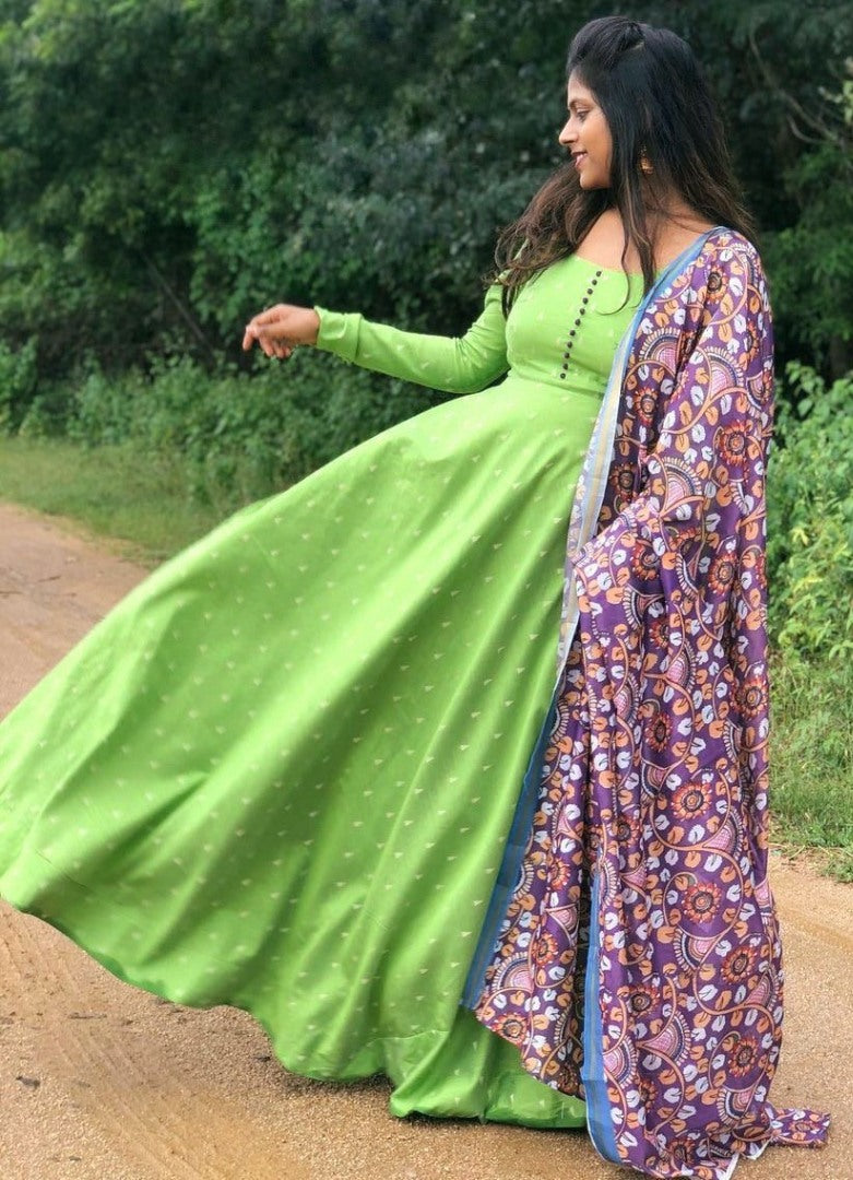 Pista green butter silk gown with printed dupatta