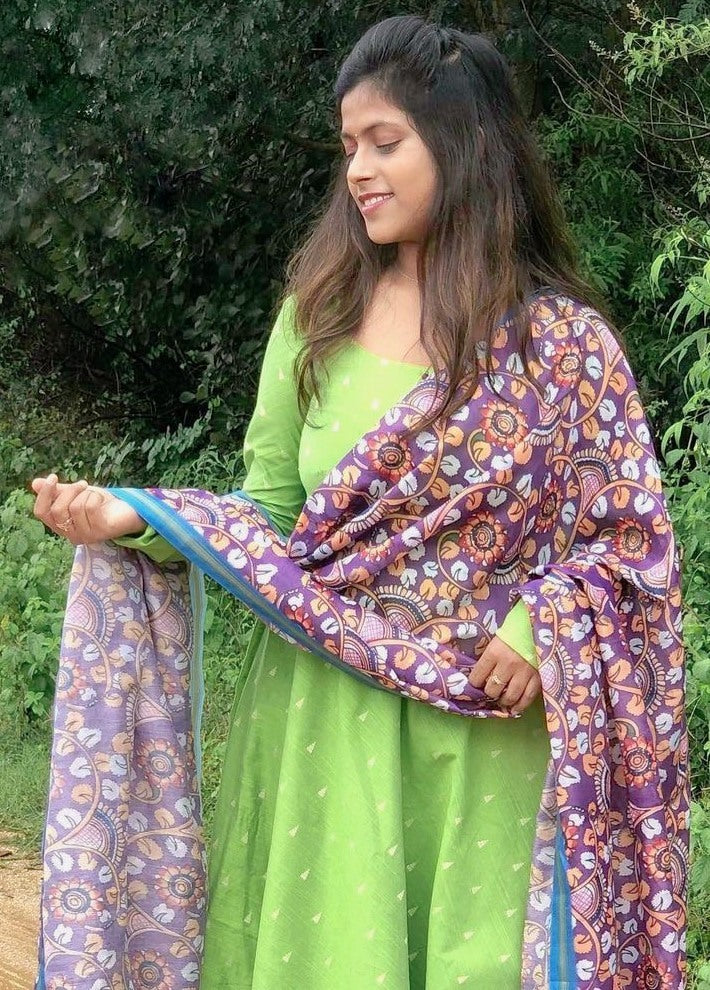 Pista green butter silk gown with printed dupatta