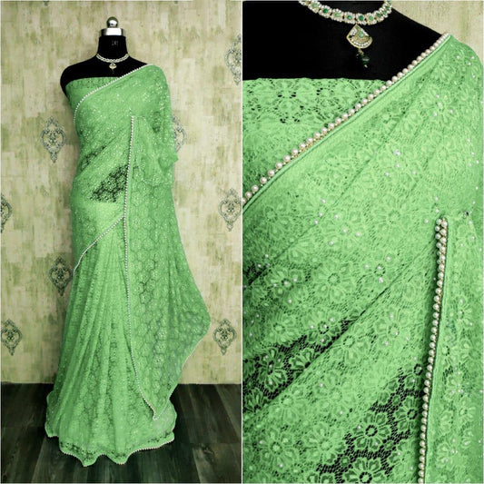 Pista green chantley net pearl work partywear saree