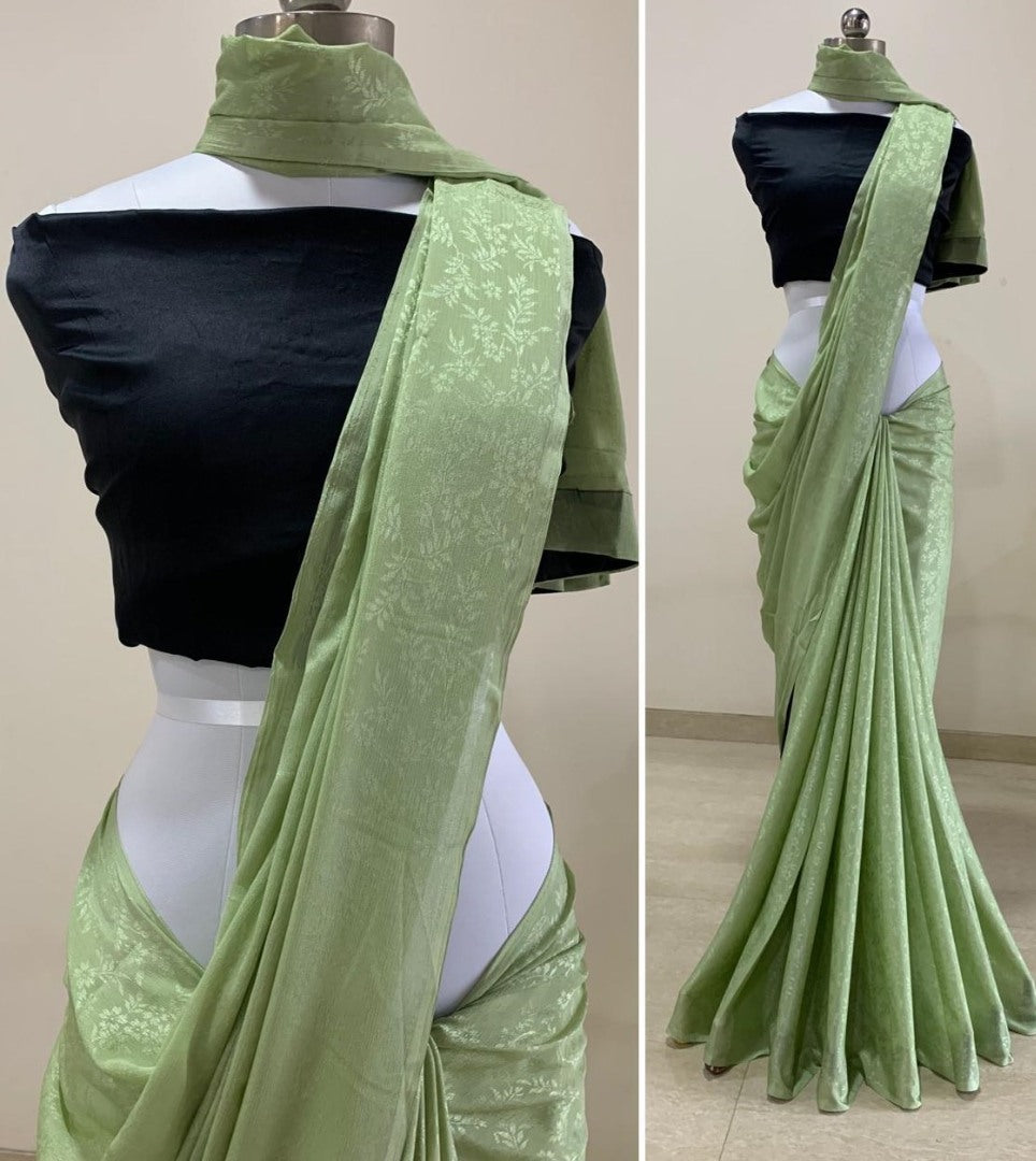 Pista green chinon self design work party wear saree