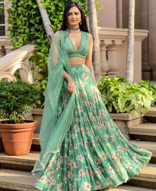 Pista green chinon silk floral printed lehenga choli