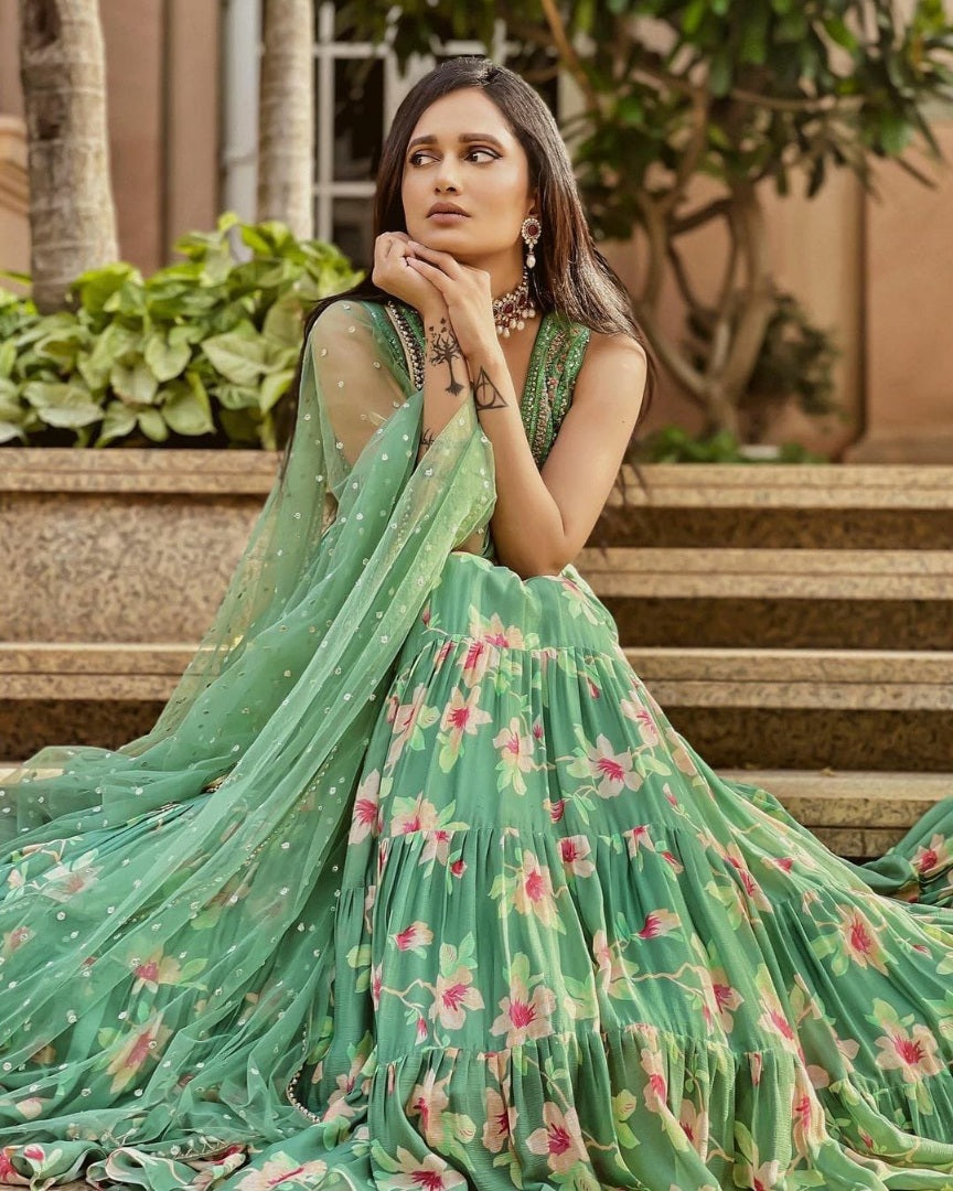 Pista green chinon silk floral printed lehenga choli