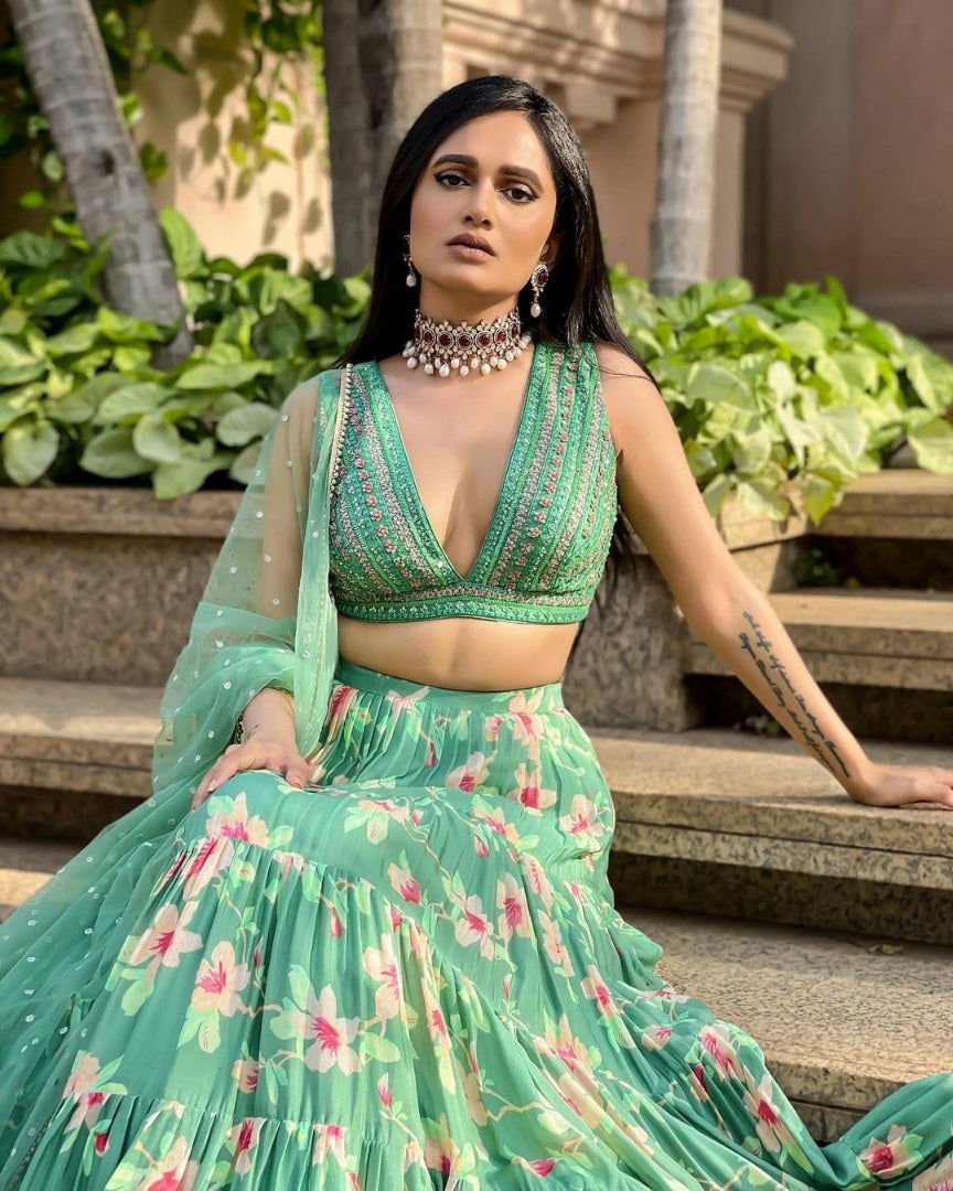 Pista green chinon silk floral printed lehenga choli