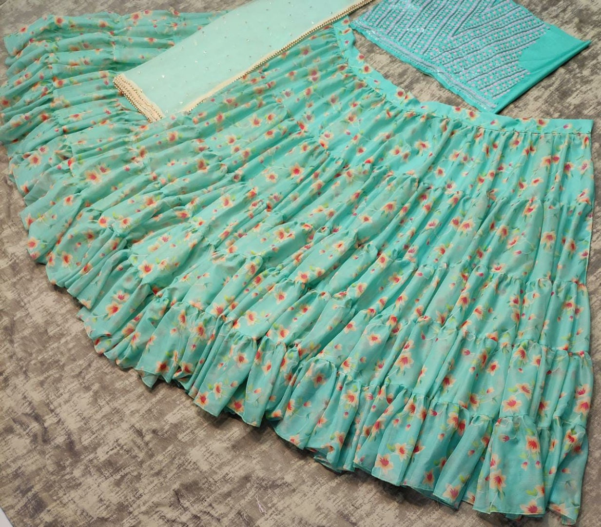 Pista green chinon silk floral printed lehenga choli