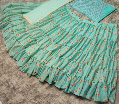 Pista green chinon silk floral printed lehenga choli