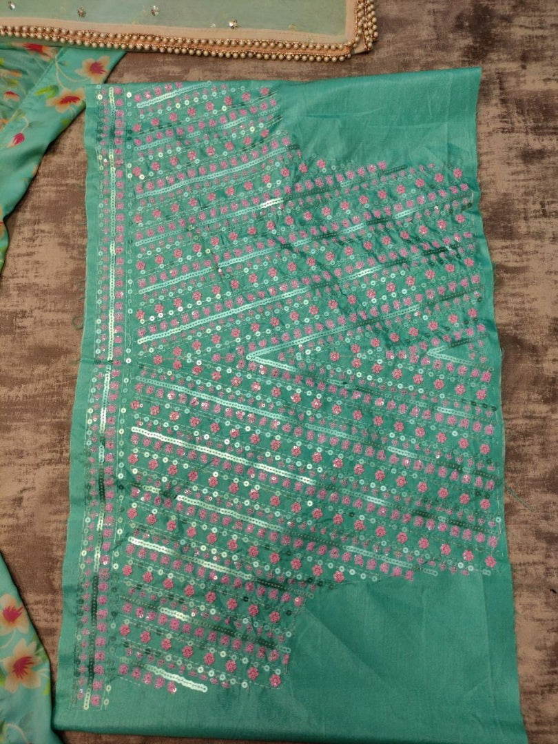 Pista green chinon silk floral printed lehenga choli