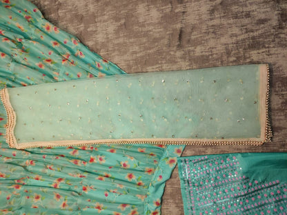 Pista green chinon silk floral printed lehenga choli