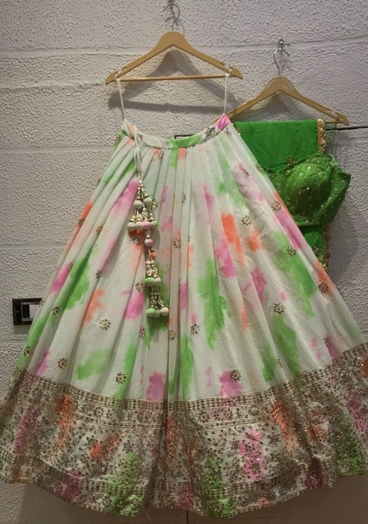 Pista green chinon silk shibori printed embroidered lehenga choli