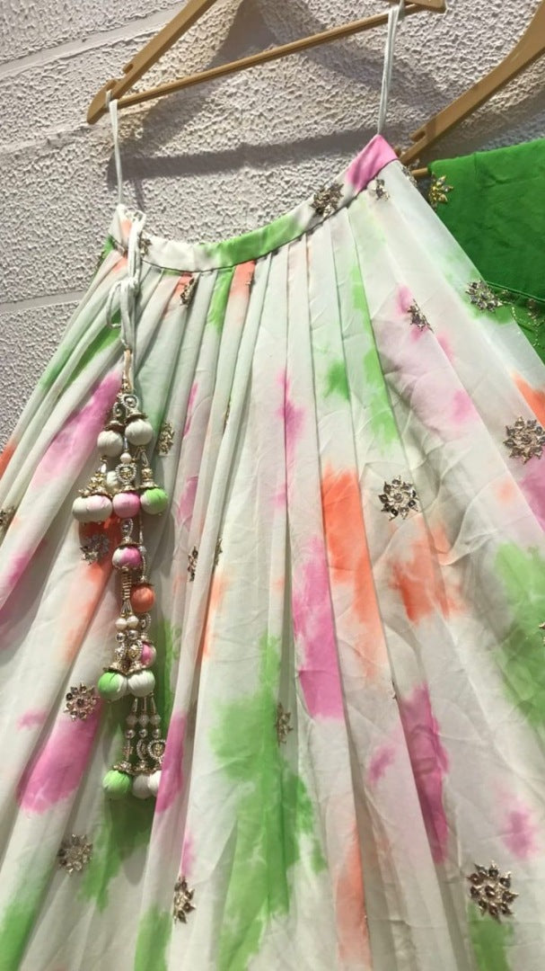 Pista green chinon silk shibori printed embroidered lehenga choli