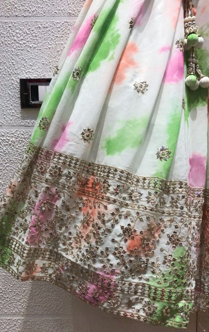 Pista green chinon silk shibori printed embroidered lehenga choli