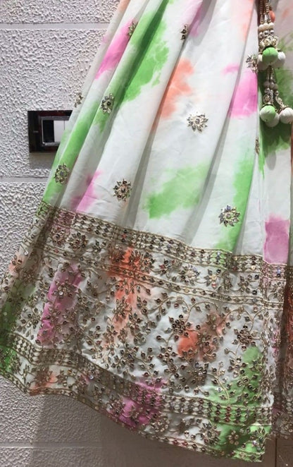 Pista green chinon silk shibori printed embroidered lehenga choli