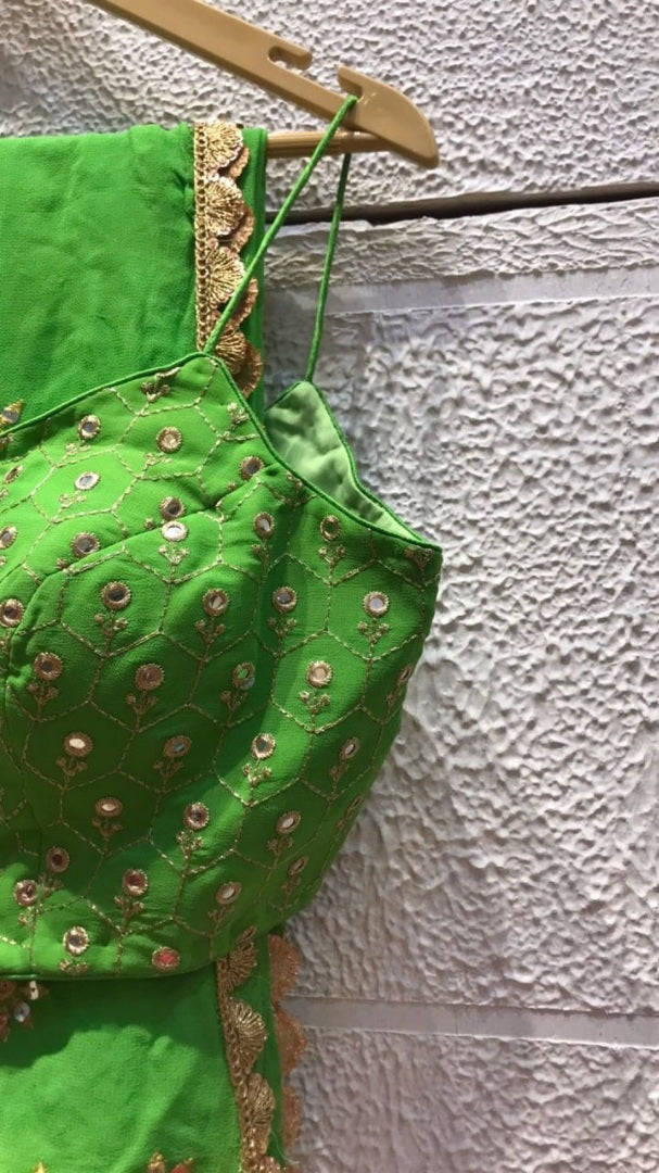 Pista green chinon silk shibori printed embroidered lehenga choli